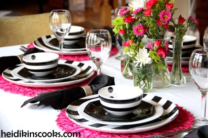 Valentines Table Setting_Black White Stripe with Hot Pink 2_heidikinscooks_Feb 2014